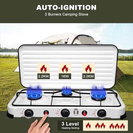 Compact 3-pits Gaskooktoestel voor Camping - 5,4 kW, Inclusief Slang en Gasdrukregelaar van Merkloos — afbeelding 2