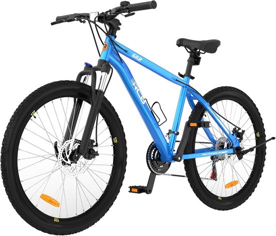 Blauwe fiets met zwart zadel en banden, rode reflectoren en een waterfleshouder.