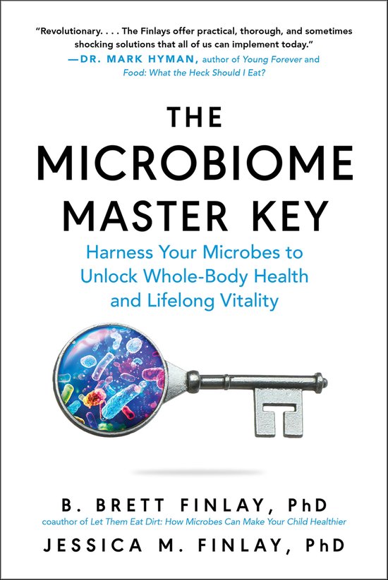 Couverture du livre 'The Microbiome Master Key' avec une clé représentant des microbes.