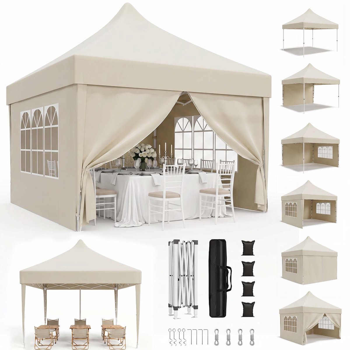 Devoko Luxe Partytent 3x3 m – opvouwbaar snelopzetbaar tuinpaviljoen met zijwanden – Waterdicht en UV-bestendig – Inclusief opbergtas – 3 Hoogteverstelbaar – Beige