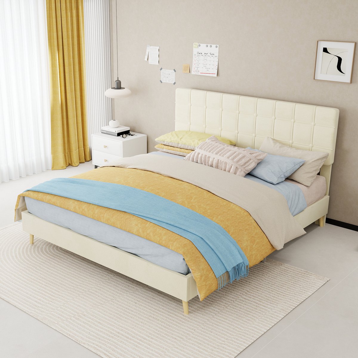 MEUNIQ Gestoffeerd bed 160 x 200 cm met geruit zacht hoofdbord, beige fluwelen bekleding en lichte luxe uitstraling voor slaapkamer