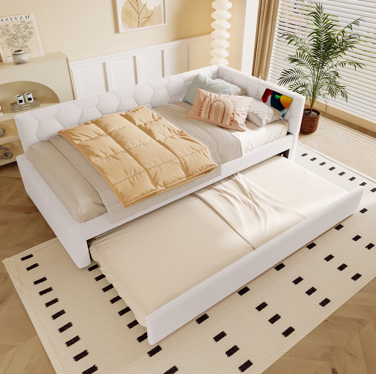 MEUNIQ bedbank 90 x 200 cm met uitrolbed, lattenbodem, nachtlampje, USB en Type-C, zonder matras, wit, voor kinderkamer