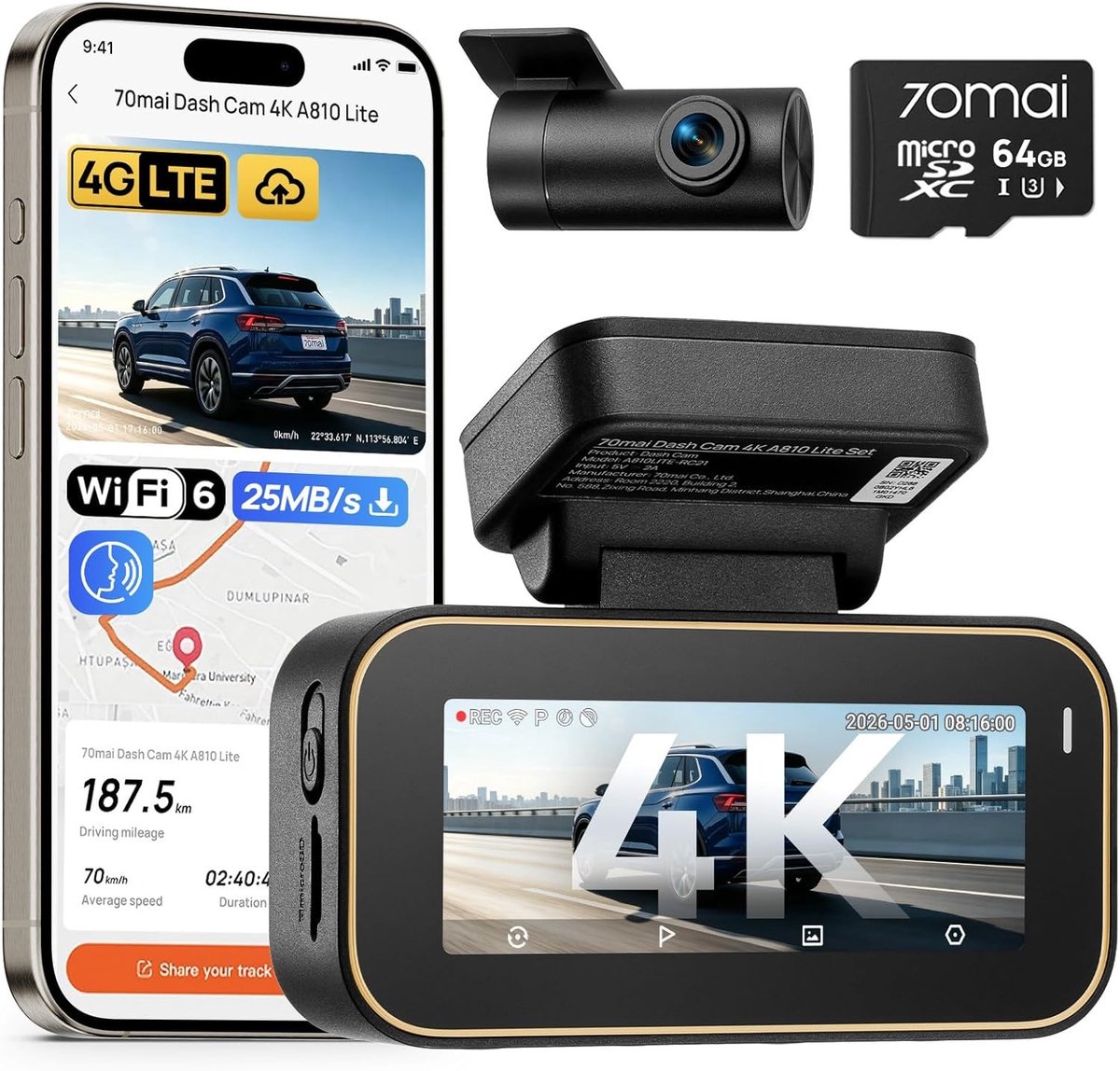Dual Dashcam - Compact Ontwerp - 4K Voor- en 1080p Achtercamera - 24 Uur Parkeerbewaking - Voor Auto's en SUV's