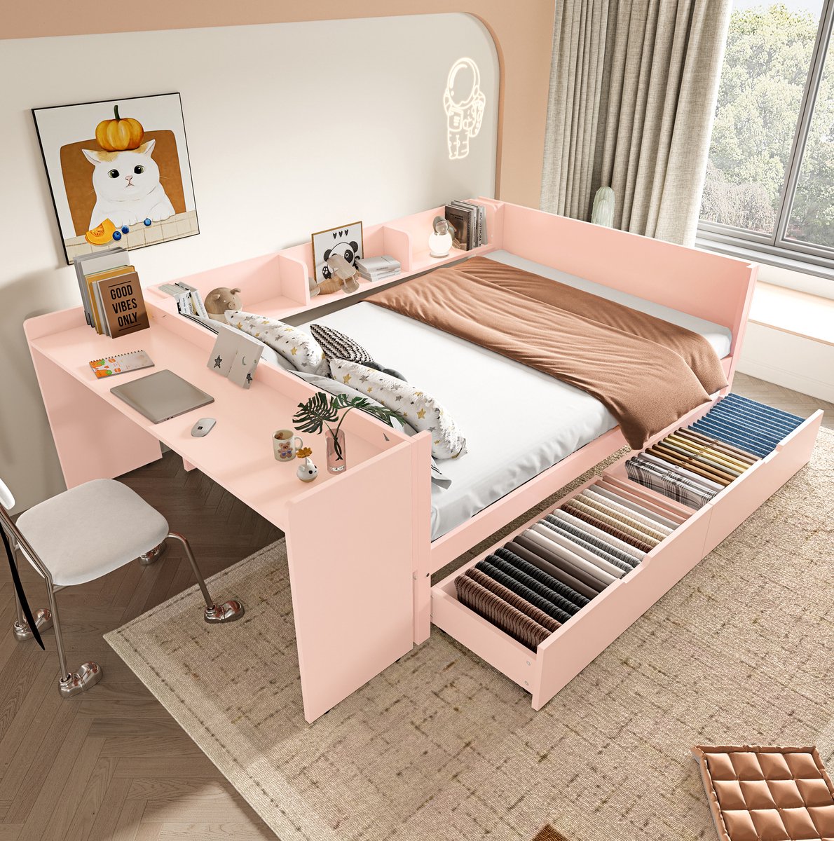 MEUNIQ Normaal bed 140x200 cm met bureau, 2 lades en 3 planken, tweepersoons bedframe met zijhekken en opbergruimte voor slaapkamer, roze