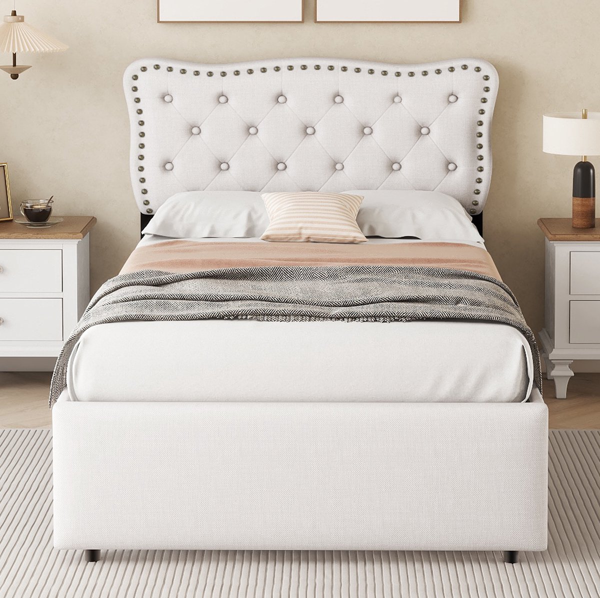 MEUNIQ gestoffeerd bed 90 x 200 cm met verstelbaar hoofdbord, 2 opberglades en lattenbodem, eenpersoons bedframe voor slaapkamer, lichtbeige