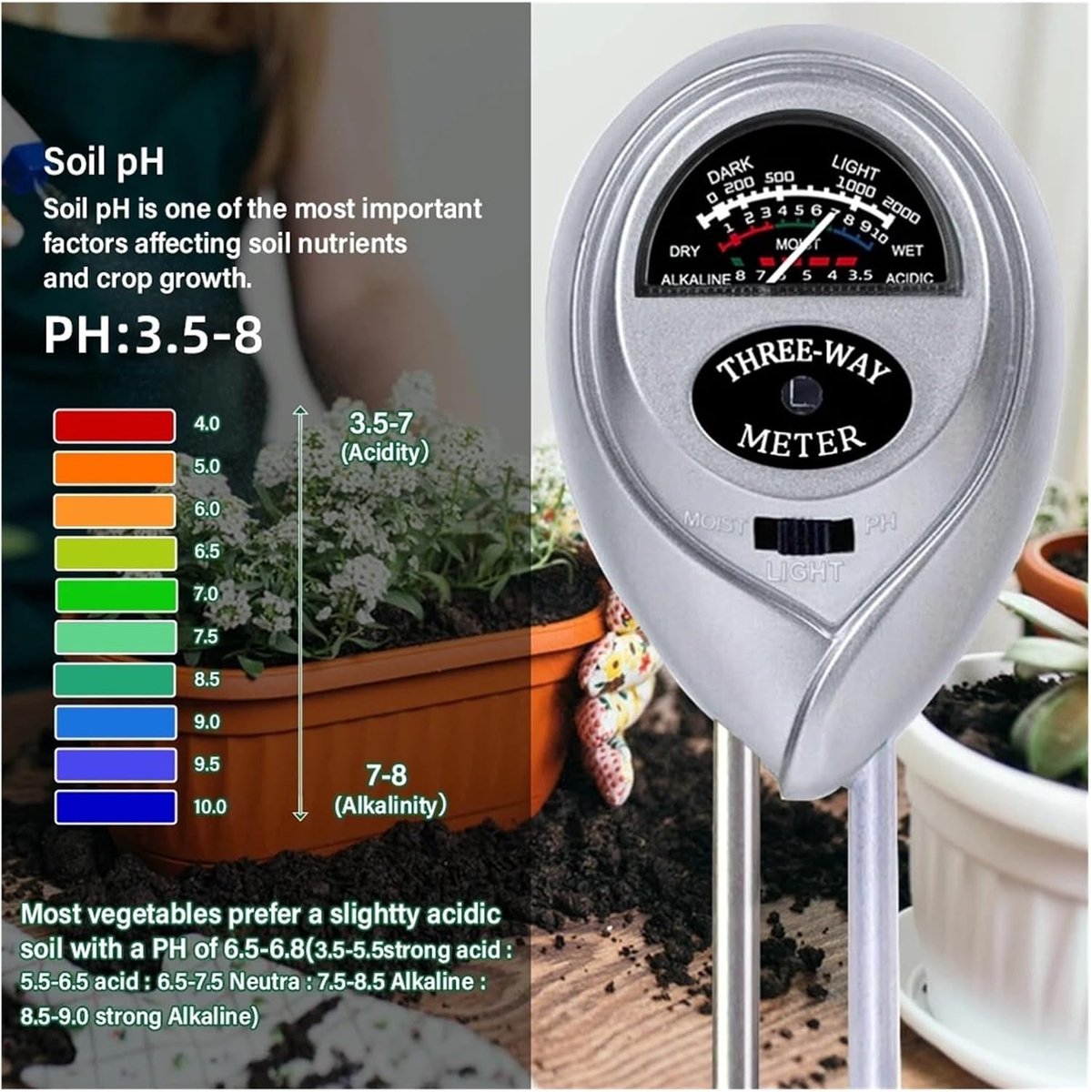 Bodem Tester - PH Meter - Planten Verzorgen - 3 In 1 Functie - 18cm Sondes - Zilver