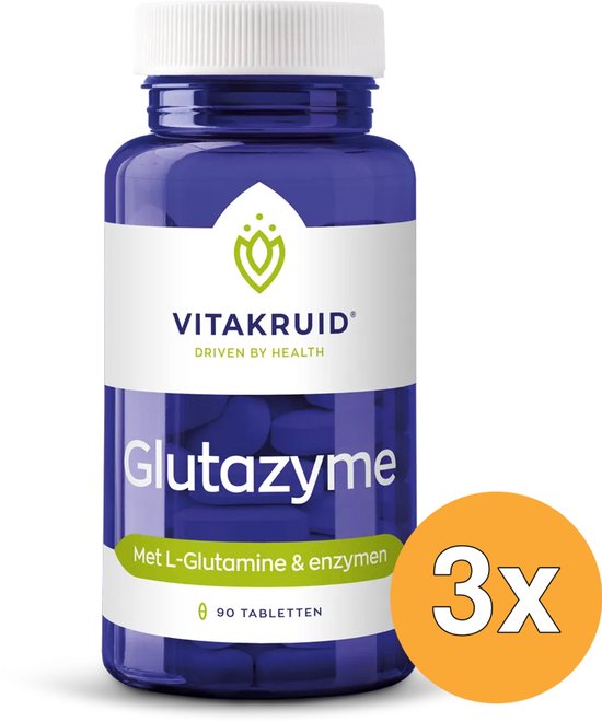 Vitakruid Glutazyme pot met 90 tabletten, met L-Glutamine & enzymen. Grijze tabletten in blauwe pot. Oranje cirkel met "3x".