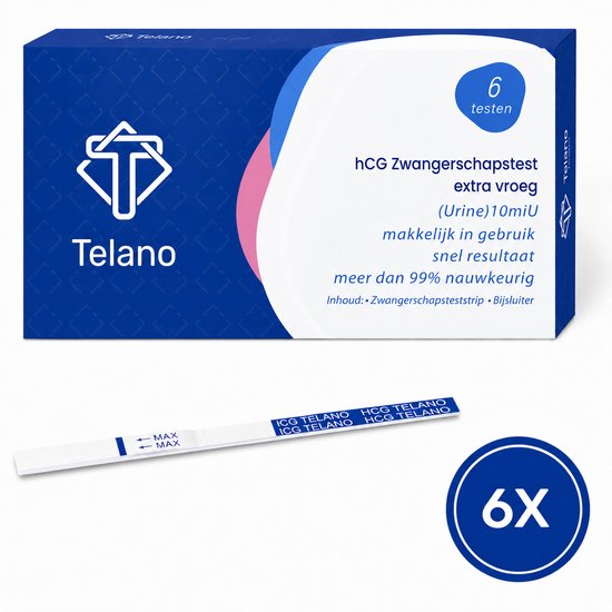 Telano verpakking met 6 zwangerschapstesten, blauw met roze en witte accenten. Eén teststrip met 'MAX' markeringen.