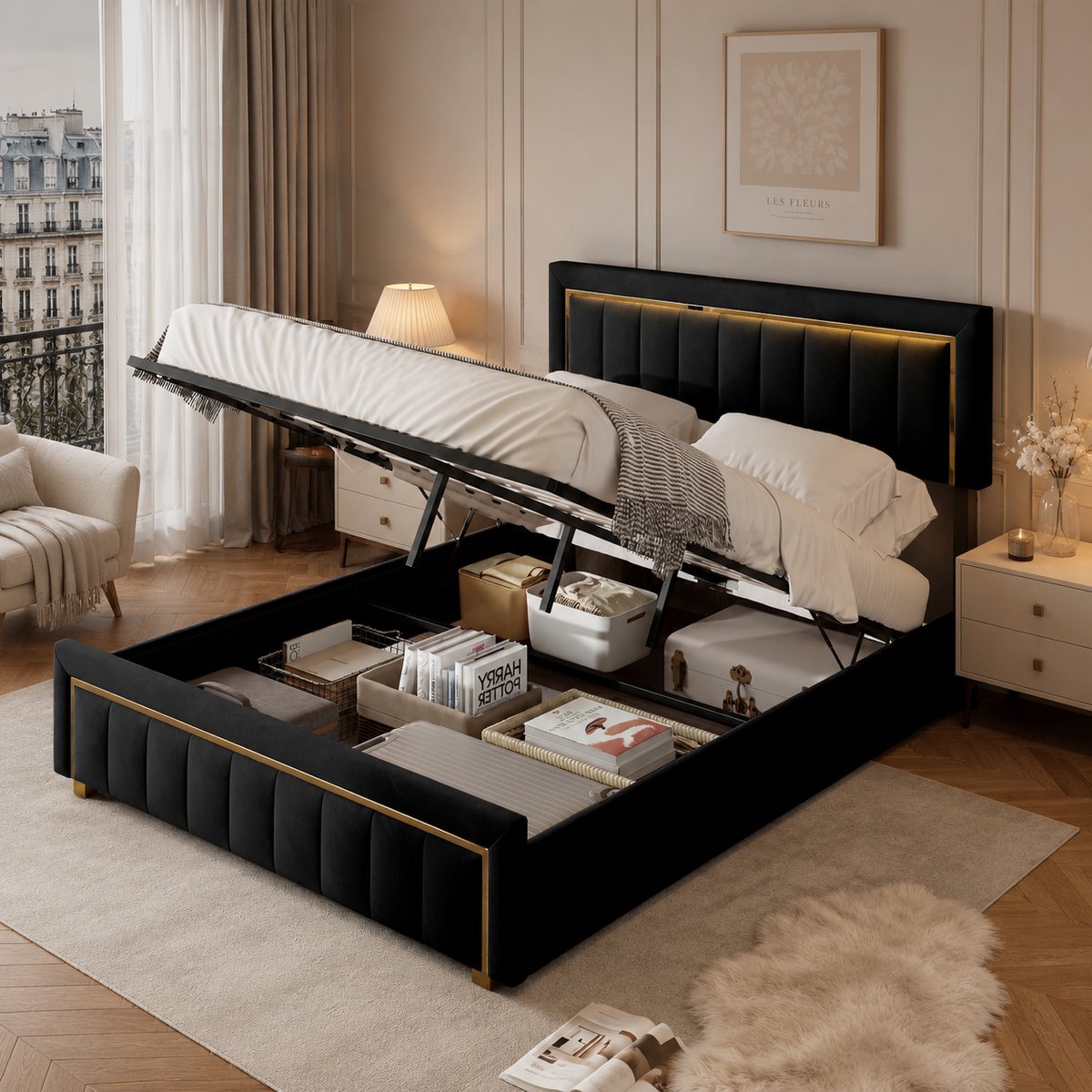 Opbergbed 140x200 cm met lattenbodem, tweepersoonsbed met hydraulische opbergruimte en hoofdbord met verguld, gestoffeerd voor volwassenen en tieners, fluweel Zwart