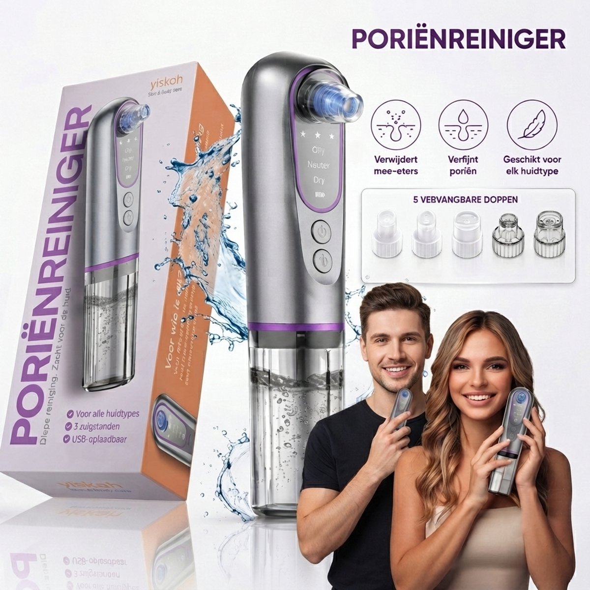 Y!skah Hydro-Facial: Vacuüm-poriënreiniger met 3 zuigstanden en 5 opzetstukken