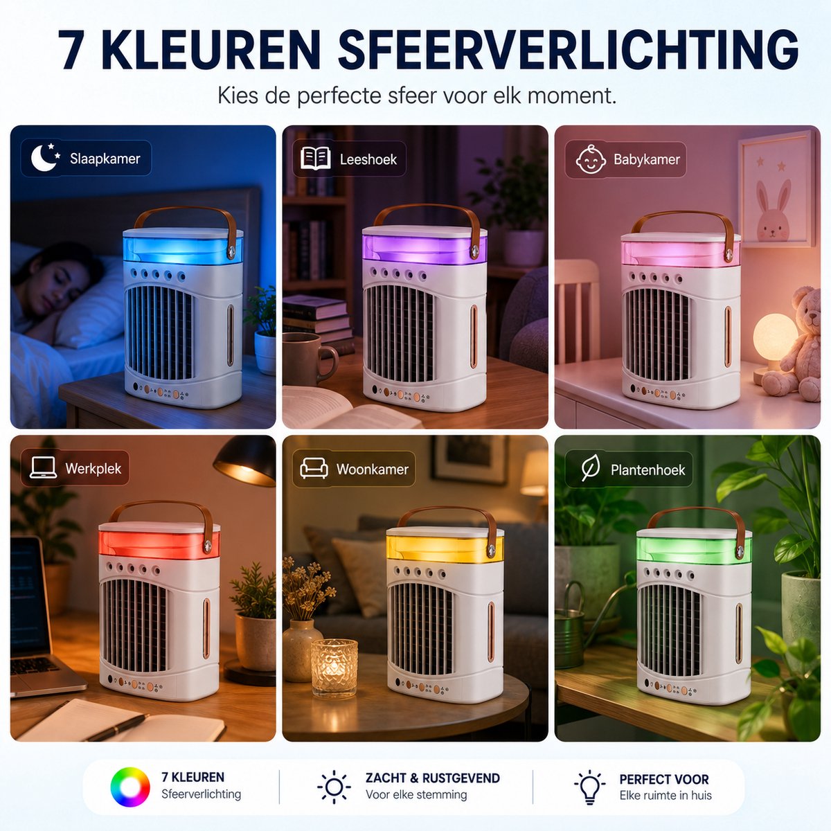 Mini Airco 4-in-1 – Draagbare Mobiele Luchtkoeler met Luchtbevochtiger – 5 Vernevelaars, 3 Nevelstanden, 2 Snelheden, Timer & LED – USB Bureauventilator Zonder Afvoerslang – Wit – foto 5