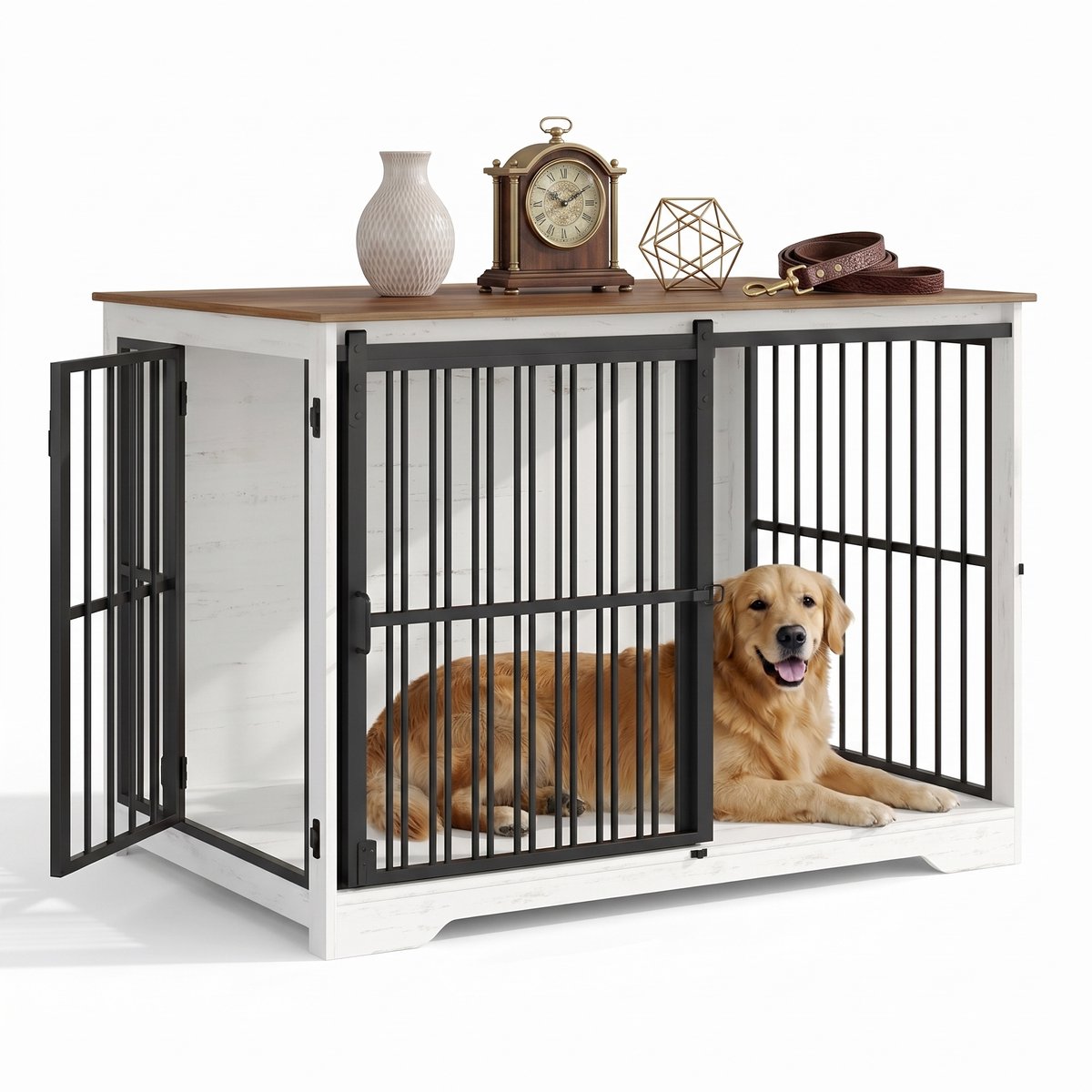 Aiverig® Hondenbench Hout Meubel XL – met Schuifdeur & Zijdeur – Hondenhok voor Binnen & Hondenkooi – Krasvrije Poten & Anti-knaag Sloten – Voor Grote Honden – Wit Bruin – 110×65×81 CM