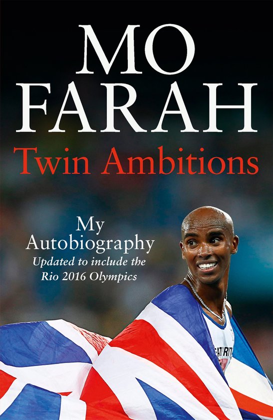 Boek 'Twin Ambitions' met Mo Farah die de Britse vlag draagt. Tekst: MO FARAH Twin Ambitions My Autobiography.