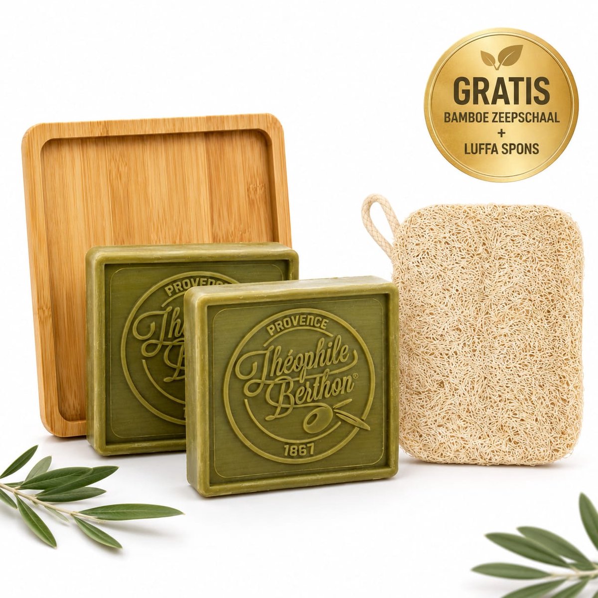 Marseille Zeep Set 2x100g + GRATIS Bamboe Zeepschaal & Luffa Spons – Originele Franse Zeep – Voor Gezicht, Lichaam, Handen, Was & Huishouden – Plasticvrij Cadeauset