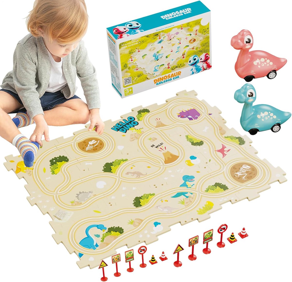 Puzzel Racebaan - Dinosaurus Baan - Kinderen Spelen - Veilig ABS Materiaal - 22 x 16 x 6 cm - Multicolor