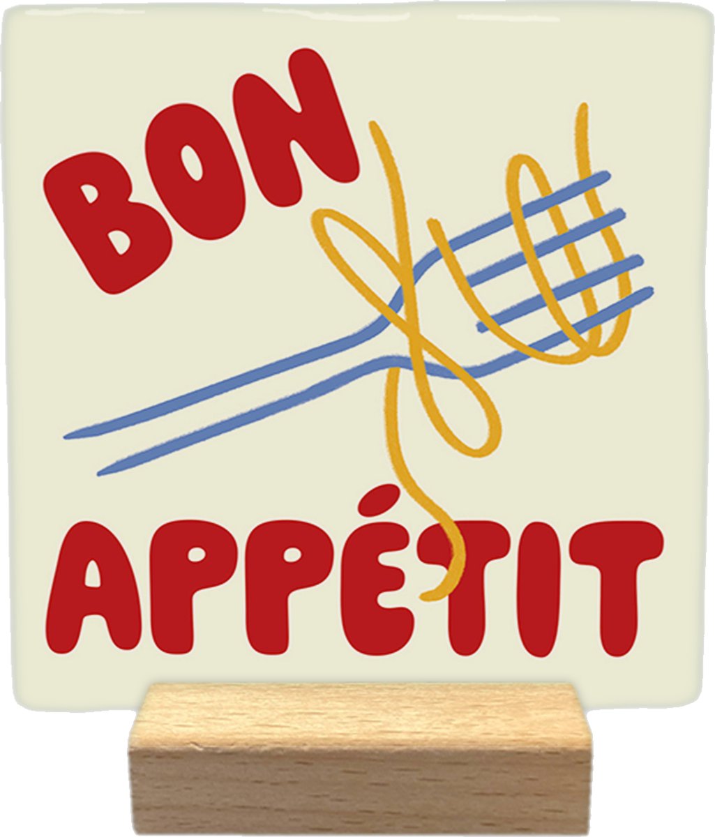 Artige Decoratie tegel met tekst- Bon appétit - keramisch - 10x10 cm - inclusief houder Geel