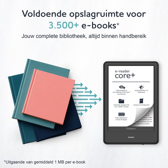 Zwarte e-reader met specificaties, naast drie stapelende boeken in de kleuren roze, blauw en donkerblauw.