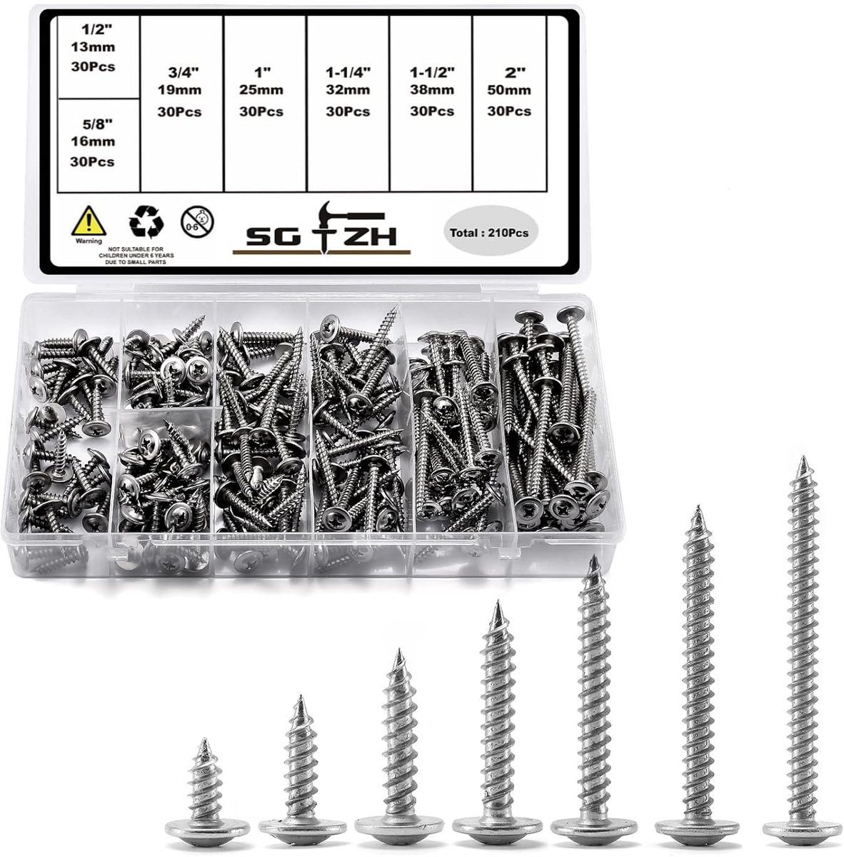 Schroeven Assortiment Set - Houtschroeven Metaal - Klusjes in Huis - Roestbestendig 410 Staal - 210 Stuks - Zilverkleurig