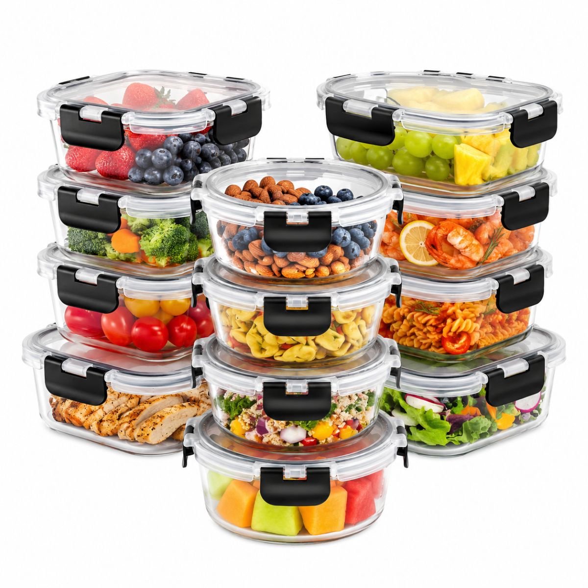 Ceruzo Meal Prep Bakjes Glas – 12 Stuks – Vershoudbakjes – Luchtdicht – Oven Magnetron Vriezer