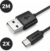 Zwarte WiseQ kabel met USB-A naar USB-C aansluitingen, 2 meter lang.