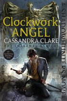 Boekcover van 'Clockwork Angel' met een engel met vleugels en een man met zwaard.