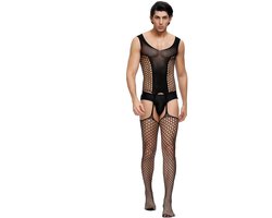 Zeloria Heren Bodystocking Visnet Catsuit – Transparante Heren Lingerie met Jarretel Look – Bodystocking voor Mannen – Mesh Stretch Bodysuit – Zwart – XS/M