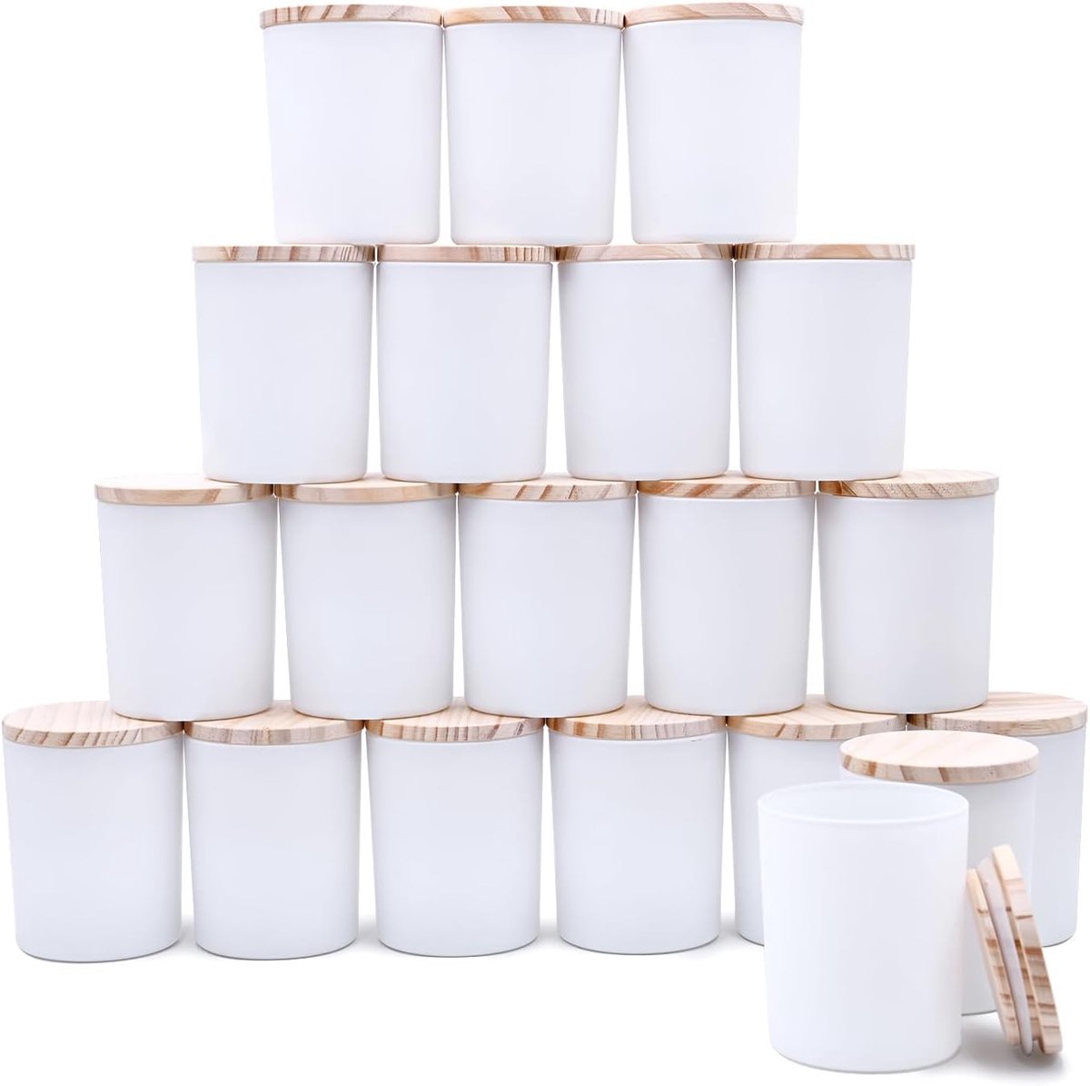 Kaarsenpotjes Set - Glazen Potjes - Zelf Kaarsen Maken - Met Houten Deksel - 20 Stuks 210 ml - Mat Wit