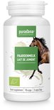 Potje met bruine paardenkop, melkspatten, groene tekst 'PAARDENMELK LAIT DE JUMENT', en bio-logo.