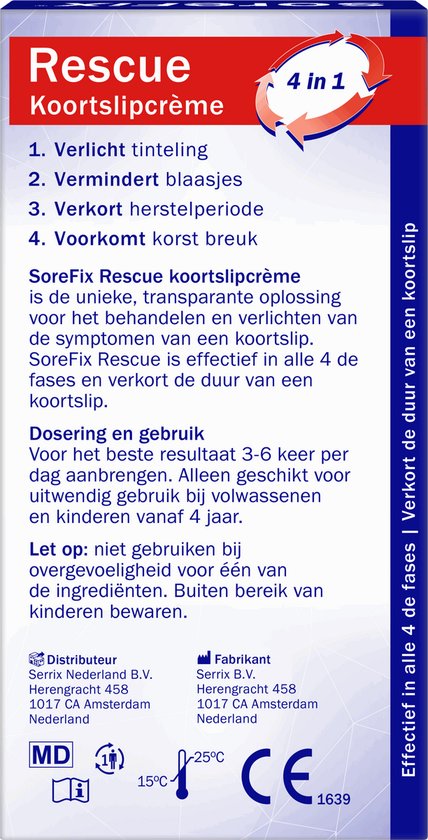 Verpakking met informatie over SoreFix Rescue koortslipcrème. Effectief in alle 4 de fases.