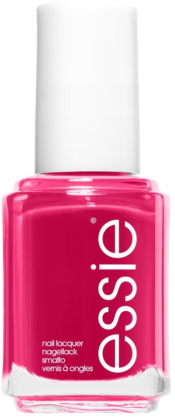 Essie nagellakflesje met felroze lak. Tekst: 'nail lacquer'.