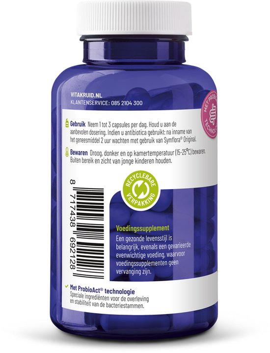 Donkerblauwe pot met 90 vega capsules. Met recyclebare verpakking en probiotica technologie.