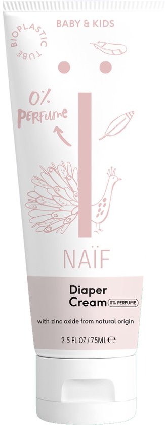 Witte tube Naïf Baby & Kids Zinkcrème. De tube toont een pauw-illustratie en '0% Parfum'.