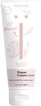 Witte tube Naïf Baby & Kids Zinkcrème. De tube toont een pauw-illustratie en '0% Parfum'.