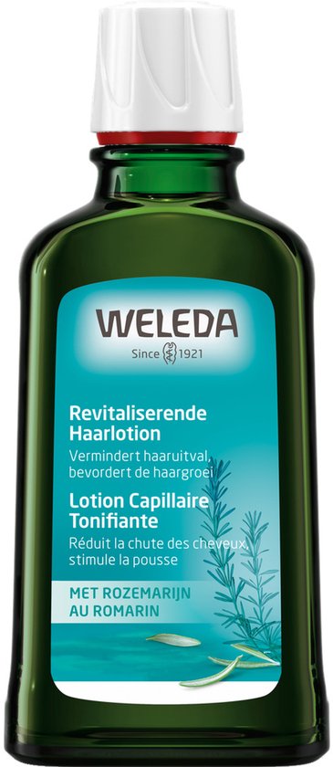 Groene fles Weleda Revitaliserende Haarlotion met rozemarijn, 100ml.