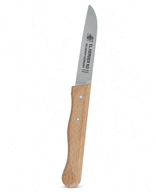 Klein schilmes met houten handvat en glanzend roestvrijstalen lemmet, staand op een witte achtergrond.