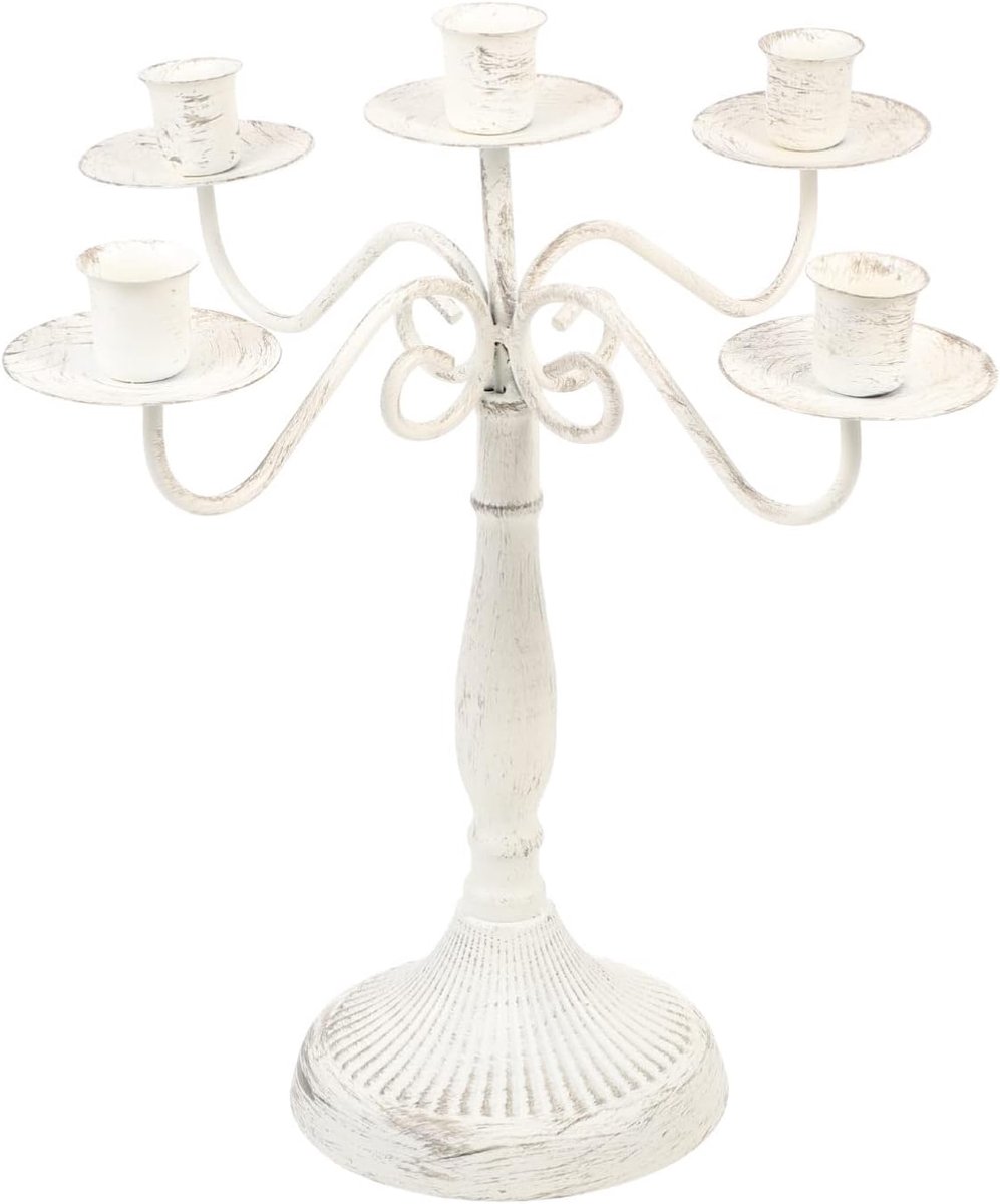 Kandelaar met 3 armen - Kaarsenhouder metaal - Sfeervol dineren - Europees vintage design - 35 cm hoog - Wit