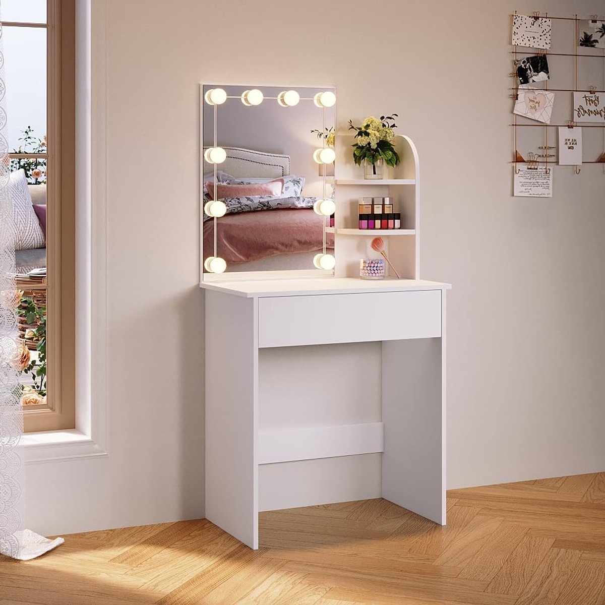 Make-uptafel met spiegel en LED-verlichting, 3 lichtmodi, 10 helderheidsniveaus, met lades en open vakken, wit, 70x40x140 cm