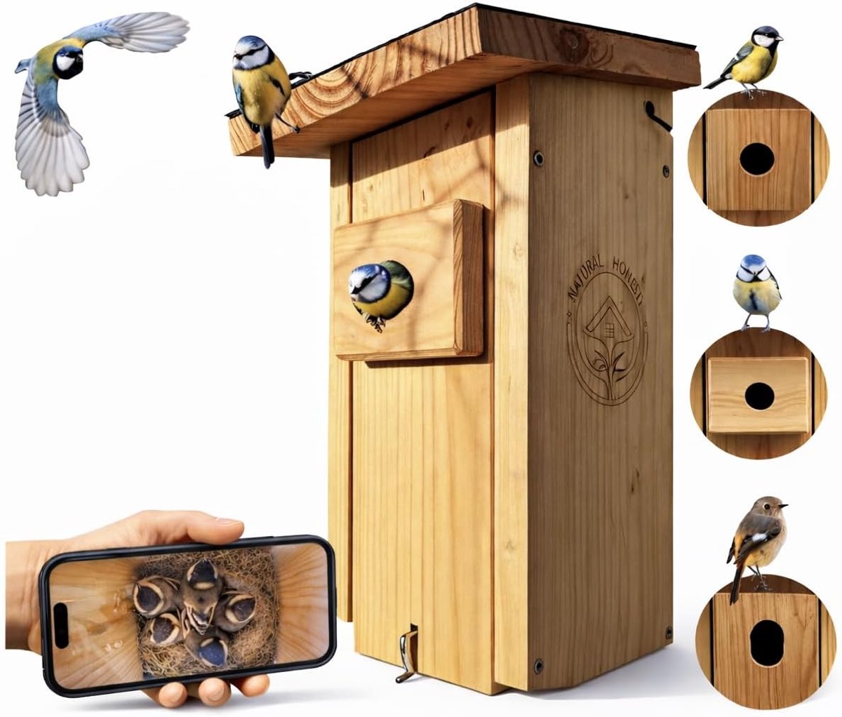 Vogelhuisje met camera - Nestkast met camera - Vogels observeren - Voorgemonteerde camera - 3m + 20m kabel - Houtkleur