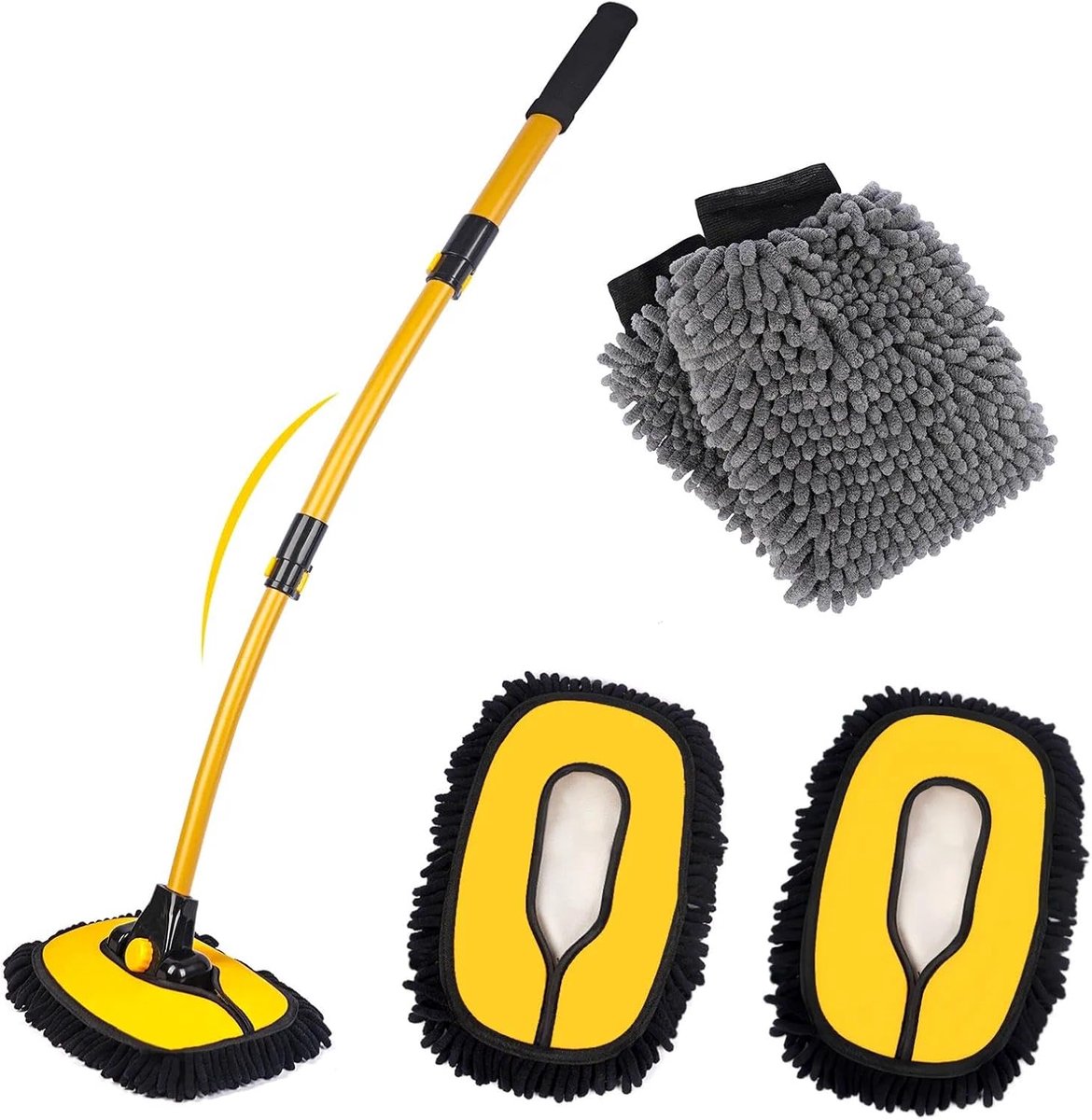Auto Wasborstel Kit - Reinigingsset Voertuig - Auto Poetsen - Lange Telescoopsteel - 110 cm - Zwart