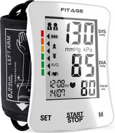 Wit FITAGE bloeddrukmeter met een groot display dat 130/85 bloeddruk en 80 hartslagen per minuut aangeeft. De manchet is geschikt voor de linkerarm.