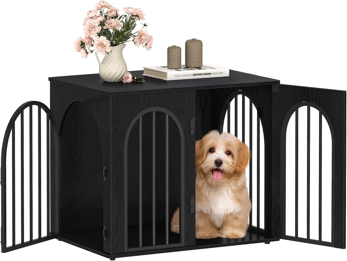 Hondenverblijf Meubel - Hondenmand Huis - Veilige Rustplek - Drie Deuren Design - 68 x 49 x 56 cm - Zwart