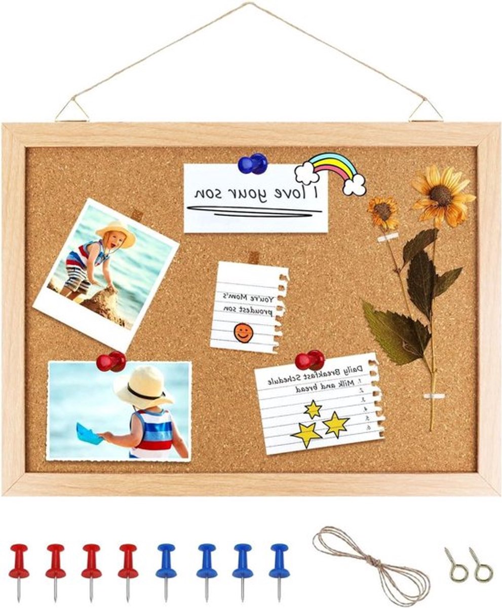 Kurk prikbord 20 x 30 cm met houten kader en pinnetjes