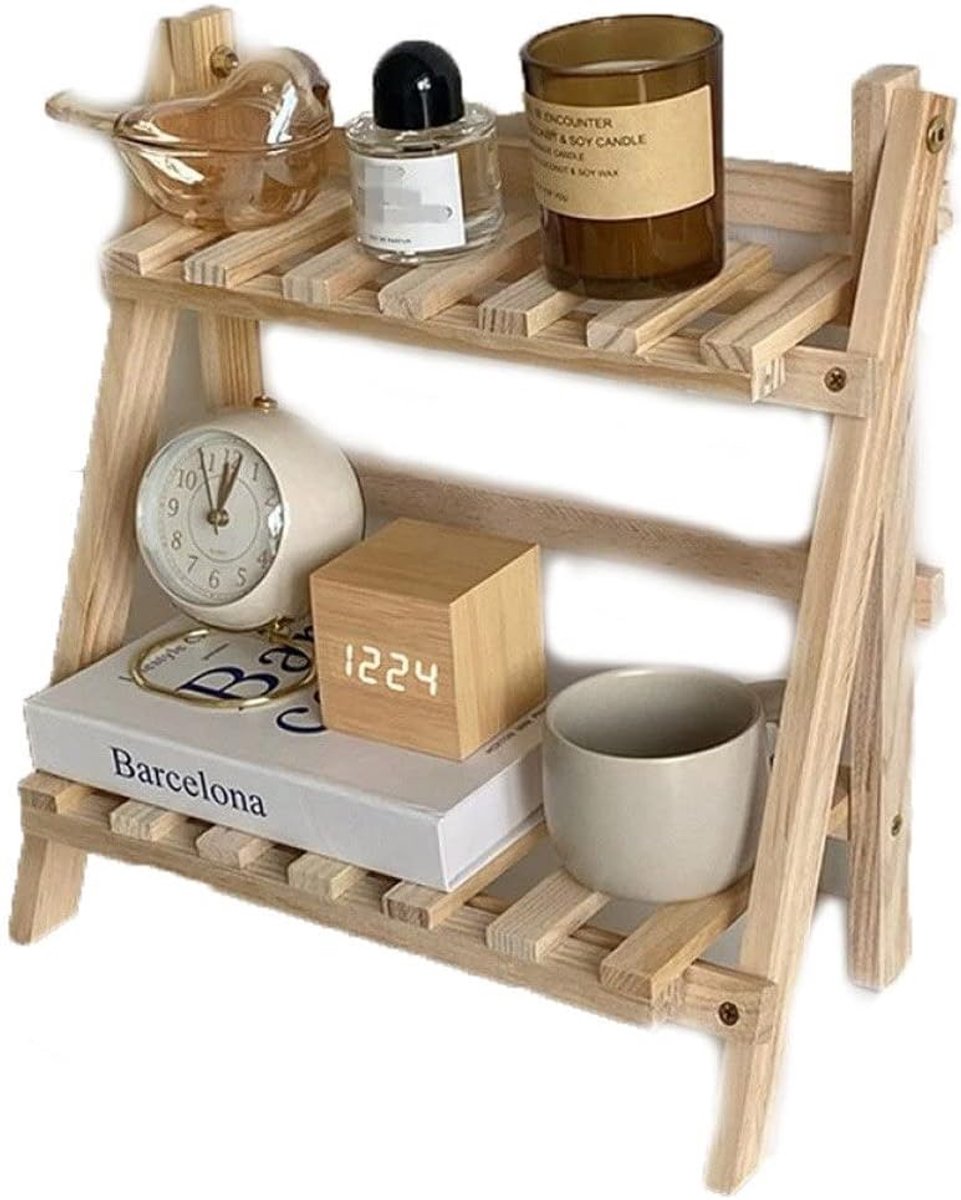 Houten Dubbellaags Rek - Opvouwbare Plank - Bureau Organisatie - Driepoot Stabiliteit - 35 x 17 x 35 cm