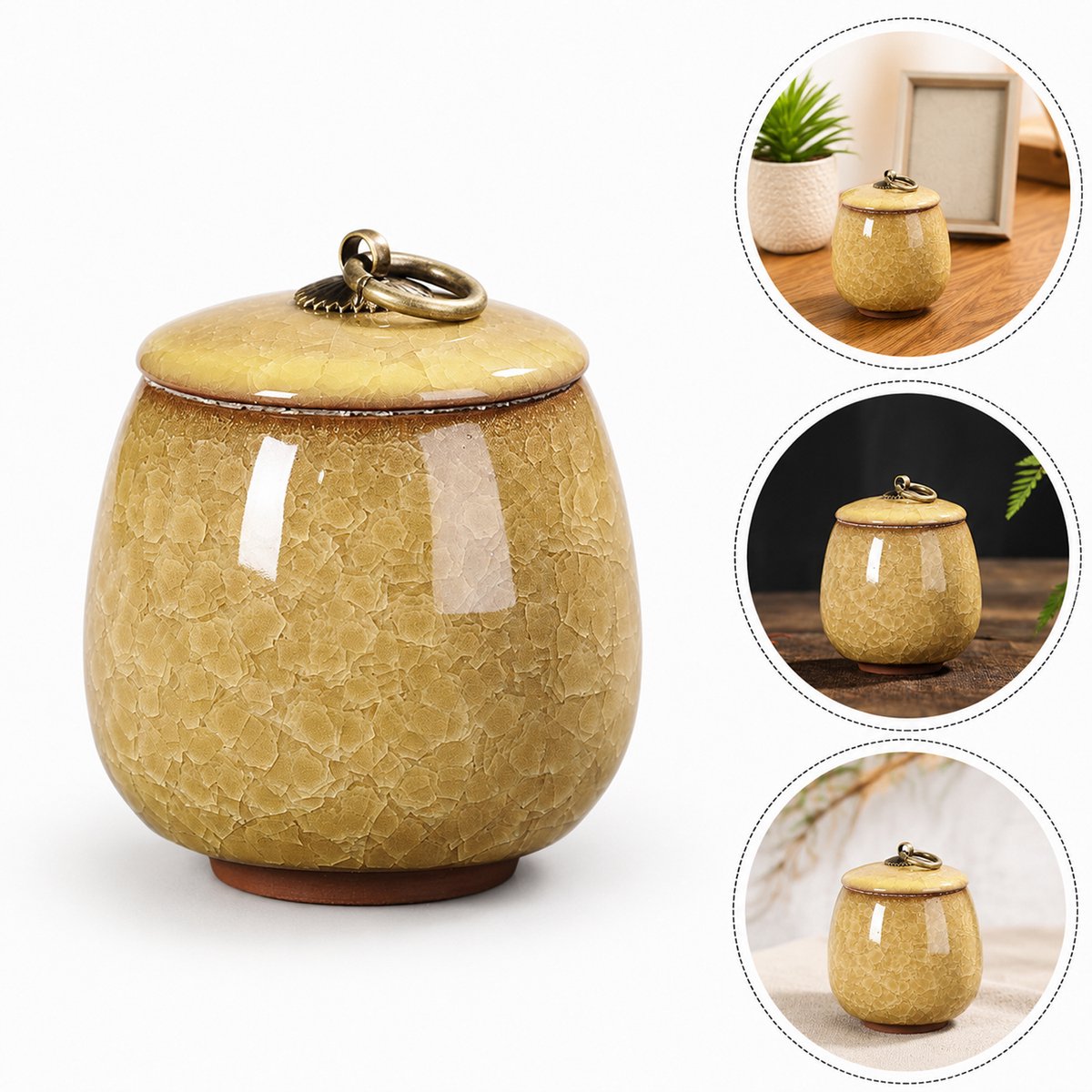 Keramische Gedenkurn - Mini urn van keramiek - Ljskraakpatroon - 170ml - Gedenkurn voor mens en huisdierenen - Geel