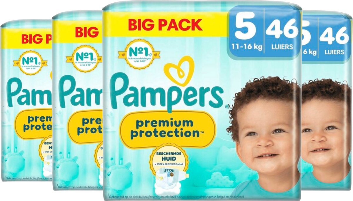 Pampers Premium Protection luiers - Maat 5 (11-16kg) - 184 luiers (4 x 46 stuks) - Voordeelverpakking - Stop and Protect