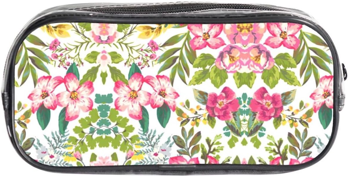 Transparant Etui - Pennenetui Doorzichtig - Spullen Organiseren - Hibiscus Print - 22 x 10.5 x 4 cm - Transparant