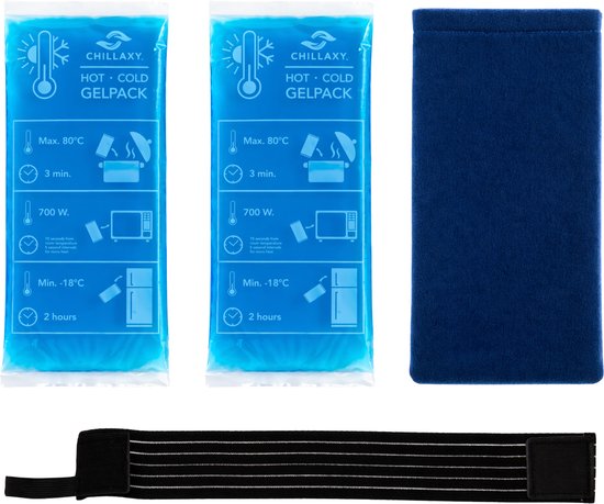 Set van 2 blauwe gelpacks (12x29 cm), een blauwe hoes en een zwarte elastische band.