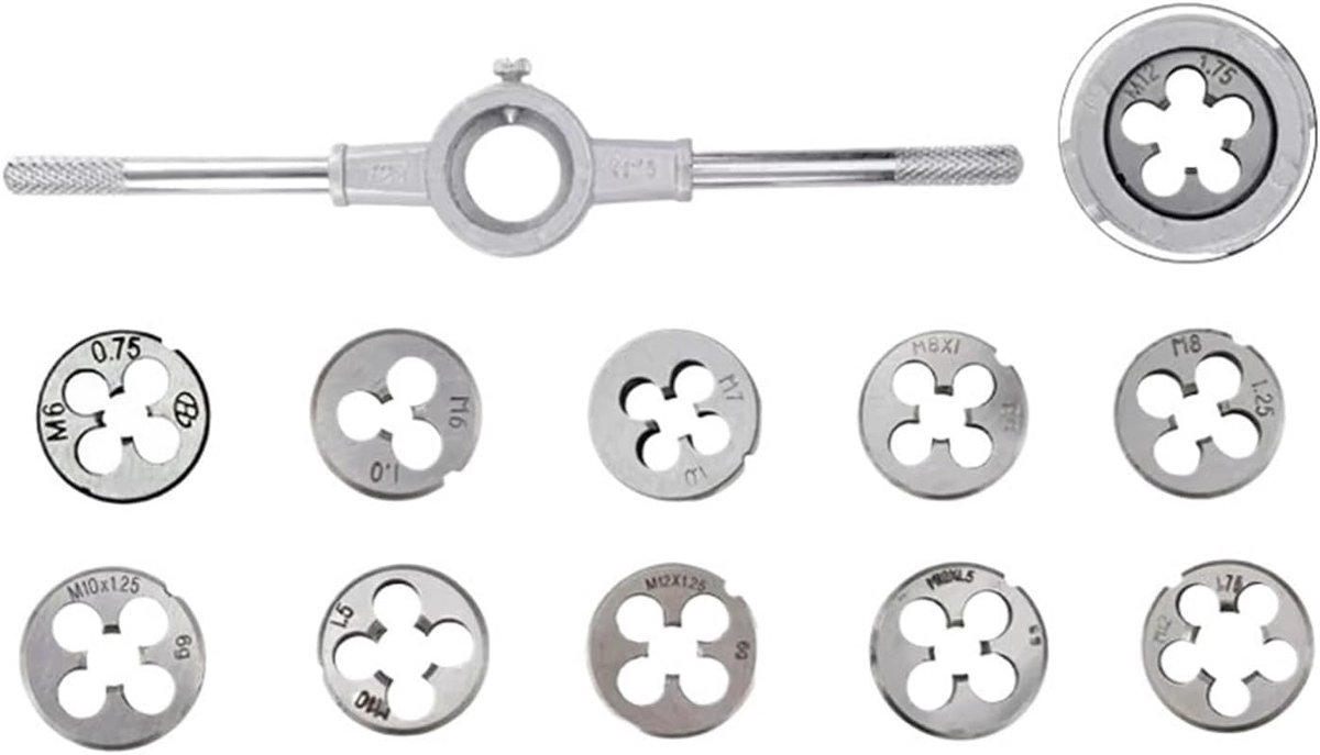 Draad Snijgereedschap Set - Hand Tap Matrijs - Schroefdraad Repareren - Metrische Maten M3-M12 - 8 Delige Set - Grijs