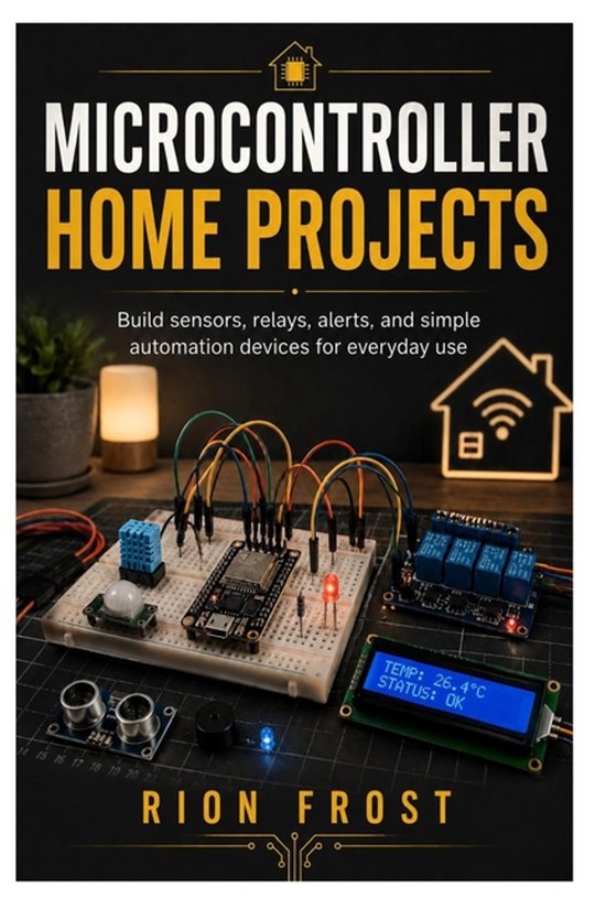 Boek "Microcontroller Home Projects" met een microchip, breadboard, sensoren, relais en een display met tekst. Titel en ondertitel prominent aanwezig.