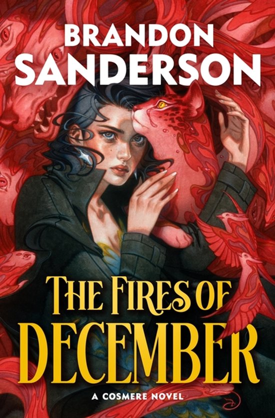 Boekomslag van 'The Fires of December' met een vrouw en een rode kat te midden van rode wezens.